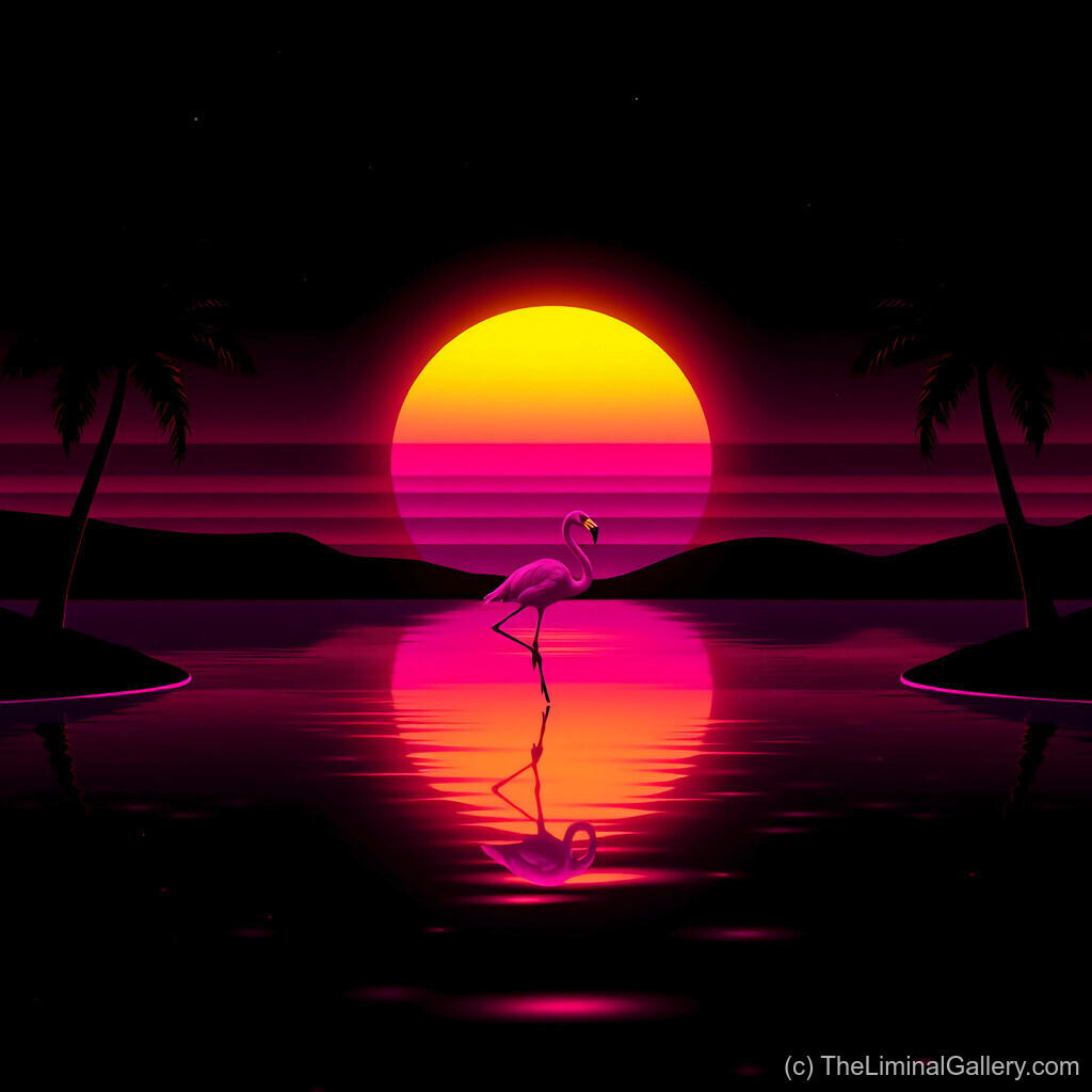 A vibrant synthwave artwork with a neon flamingo silhouetted against a glowing retro sunset.